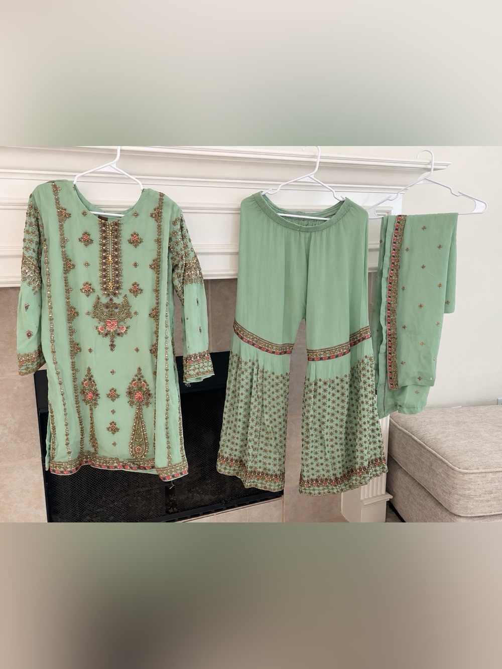Women Mint Green Embroidered wedding Dress Set